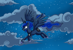 Size: 3000x2076 | Tagged: safe, artist:darkstarchan, princess luna, pony, g4, cloud, cloudy, female, flying, sky, solo