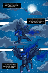 Size: 1000x1500 | Tagged: safe, artist:darkstarchan, princess luna, pony, g4, cloud, cloudy, comic, female, flying, solo, the fallen moon