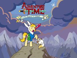 Size: 900x675 | Tagged: safe, artist:fuutachimaru, cat, pony, adventure time, cake the cat, crossover, fionna the human, mouth hold, ponified, sword