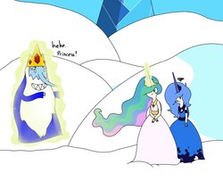 Size: 993x805 | Tagged: safe, artist:skatergirl8888, princess celestia, princess luna, human, g4, adventure time, crossover, horn, horned humanization, humanized, ice king, male
