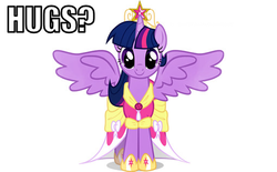 Size: 510x317 | Tagged: safe, twilight sparkle, alicorn, pony, g4, magical mystery cure, bronybait, female, hug, hug request, image macro, looking at you, mare, simple background, smiling, solo, spread wings, twilight sparkle (alicorn), white background
