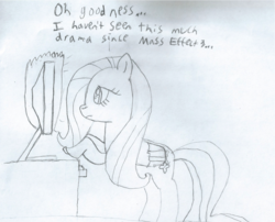 Size: 1756x1422 | Tagged: safe, artist:2shyshy, fluttershy, pony, g4, alicorn drama, computer, female, fire, monochrome, solo, traditional art