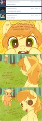 Size: 500x1440 | Tagged: safe, artist:nyonhyon, applejack, braeburn, g4, colt, comic, cute, filly, floppy ears, looking at you, open mouth, raised hoof, smiling, tumblr
