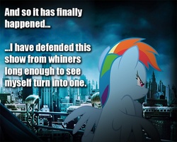 Size: 640x511 | Tagged: safe, rainbow dash, g4, alicorn drama, real life background, solo, spread wings, text, wings