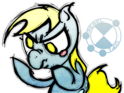 Size: 1280x968 | Tagged: safe, artist:pan-pizza, derpy hooves, pegasus, pony, g4, angry, female, mare, rebeltaxi, scrunchy face