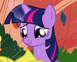 Size: 724x587 | Tagged: safe, screencap, twilight sparkle, pony, unicorn, g4, look before you sleep, bust, cropped, female, glowing horn, golden oaks library, horn, magic, magic glow, mare, portrait, rain, scrunchy face, solo, unicorn twilight, worried