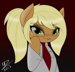 Size: 1168x1132 | Tagged: safe, artist:ensayne, applejack, earth pony, pony, g4, bipedal, clothes, female, glasses, necktie, simple background, solo