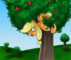 Size: 1400x1192 | Tagged: safe, artist:myhysteria, applejack, earth pony, pony, g4, apple, apple tree, commission, derp, female, frown, grass, hatless, looking at you, mare, missing accessory, open mouth, ponified animal photo, silly, silly pony, solo, stuck, tree, who's a silly pony, wide eyes