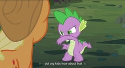 Size: 1599x877 | Tagged: safe, edit, edited screencap, screencap, applejack, spike, dragon, earth pony, pony, g4, spike at your service, caption, female, male, mare, youtube caption