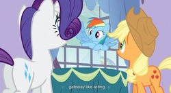 Size: 1598x873 | Tagged: safe, edit, edited screencap, screencap, applejack, rainbow dash, rarity, earth pony, pegasus, pony, unicorn, g4, spike at your service, butt, caption, female, mare, plot, scrunchy face, youtube caption