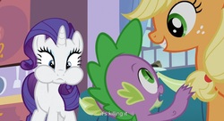 Size: 1591x867 | Tagged: safe, screencap, applejack, rarity, spike, dragon, earth pony, pony, unicorn, g4, spike at your service, chubby cheeks, female, male, mare, puffy cheeks, youtube caption