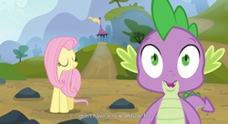 Size: 1599x871 | Tagged: safe, edit, edited screencap, screencap, fluttershy, spike, dragon, pony, g4, spike at your service, caption, female, male, mare, youtube caption