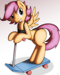Size: 700x873 | Tagged: safe, artist:tg-0, scootaloo, pegasus, anthro, semi-anthro, g4, arm hooves, bra, bra on pony, breasts, clothes, female, filly, panties, scooter, solo, sports bra, underwear