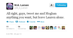 Size: 526x278 | Tagged: safe, lauren faust, m.a. larson, text, twitter