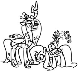 Size: 1009x919 | Tagged: safe, artist:heretichesh, fluttershy, queen chrysalis, changeling, changeling queen, pegasus, pony, g4, black and white, concerned, duo focus, female, first aid kit, grayscale, laughing, lineart, looking at something, monochrome, queen chrysalis is not amused, unamused