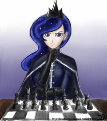 Size: 882x1000 | Tagged: safe, artist:johnjoseco, artist:michos, princess luna, human, cape, chess, clothes, colored, female, humanized, looking at you, military uniform, solo, thinking, uniform, warrior luna