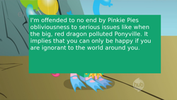 Size: 500x281 | Tagged: safe, screencap, pinkie pie, offensive ponies, dragonshy, g4, meta, text