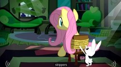 Size: 625x346 | Tagged: safe, screencap, angel bunny, fluttershy, g4, strippers, youtube caption