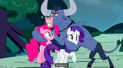 Size: 630x351 | Tagged: safe, screencap, iron will, pinkie pie, rarity, g4, my little pony: friendship is magic, putting your hoof down, headlock, strippers, youtube caption