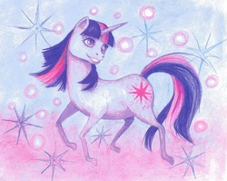 Size: 2328x1850 | Tagged: safe, artist:92-pink-ravens, twilight sparkle, pony, unicorn, g4, abstract background, eyelashes, eyes open, full body, looking up, side view, smiling, solo, teeth, traditional art, unicorn twilight