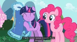 Size: 631x348 | Tagged: safe, screencap, pinkie pie, twilight sparkle, earth pony, pony, unicorn, g4, secret of my excess, cloak, clothes, taffeta cape, unicorn twilight, wat, youtube caption