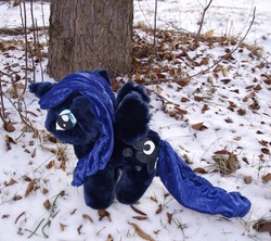 Size: 2414x2139 | Tagged: safe, artist:agony-roses, princess luna, alicorn, pony, g4, irl, outdoors, photo, plushie, snow, solo, spread wings, tree, wings