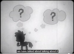 Size: 474x350 | Tagged: safe, screencap, pony, g4, hurricane fluttershy, my little pony: friendship is magic, grayscale, monochrome, question mark, yo dawg, youtube caption