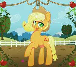 Size: 832x733 | Tagged: safe, artist:lolopan, applejack, earth pony, pony, g4, apple, female, fence, food, raised hoof, solo, sweet apple acres