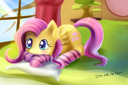 Size: 800x533 | Tagged: safe, artist:incinerater, fluttershy, pony, g4, clothes, female, pillow, socks, solo, striped socks
