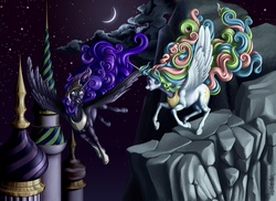 Size: 2201x1603 | Tagged: safe, artist:ultraspacemobile, nightmare moon, princess celestia, g4, canterlot, fight