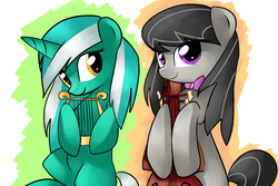 Size: 1500x1000 | Tagged: safe, artist:shishapony, lyra heartstrings, octavia melody, earth pony, pony, unicorn, g4, abstract background, cello, duo, duo female, female, looking at you, lyre, mare, musical instrument