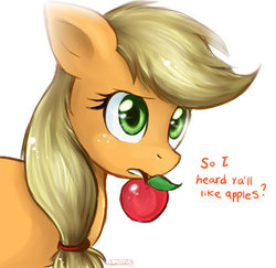 Size: 906x882 | Tagged: safe, artist:oreokeki, applejack, earth pony, pony, g4, apple, cute, dialogue, female, jackabetes, looking up, mare, mouth hold, obligatory apple, signature, simple background, solo, white background