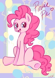 Size: 408x572 | Tagged: safe, artist:lady-kriss, pinkie pie, earth pony, pony, g4, balloon, cute, diapinkes, female, heart, mare, open mouth, sitting, smiling, solo