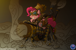 Size: 4608x3076 | Tagged: safe, artist:template93, pinkie pie, earth pony, pony, g4, cannon, cannon penis, female, goggles, partillery, party cannon, smoke, solo, steampunk