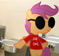 Size: 676x647 | Tagged: safe, artist:kuren247, scootaloo, g4, bipedal, bipedal leaning, irl, joe cool, leaning, parody, peanuts, photo, ponies in real life, snoopy, water fountain