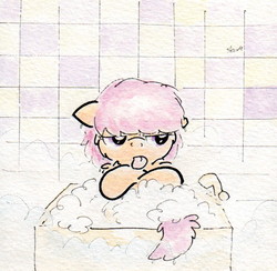 Size: 698x681 | Tagged: safe, artist:slightlyshade, scootaloo, pony, g4, bath, bathtub, bubble bath, female, raspberry, solo, tongue out, traditional art, wet mane