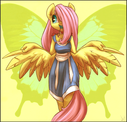 Size: 1000x959 | Tagged: safe, artist:atryl, fluttershy, butterfly, pegasus, anthro, g4, clothes, dress, female, mare, mouth hold, necklace, skinny, solo, thin, wings