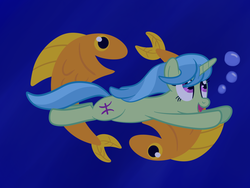 Size: 1440x1080 | Tagged: artist needed, source needed, safe, artist:smile, pisces (g4), fish, pony, unicorn, g4, bubble, female, horn, lennon, mare, mccartney, pisces, ponyscopes, swimming, underwater, water, zodiac