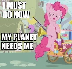 Size: 653x628 | Tagged: safe, edit, edited screencap, screencap, pinkie pie, earth pony, pony, a friend in deed, g4, caption, cropped, cupcake, female, food, image macro, pie, solo, welcome wagon