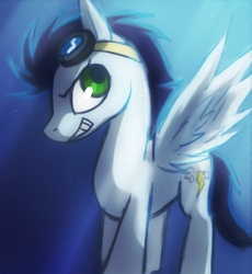 Size: 663x720 | Tagged: safe, artist:missbutlerart, soarin', pony, g4, goggles, male, smiling, solo