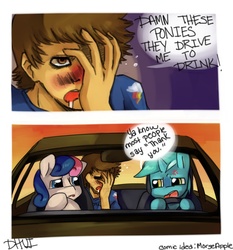 Size: 981x1052 | Tagged: safe, artist:dhui, bon bon, lyra heartstrings, sweetie drops, human, g4, blushing, car, comic, confound these ponies, driving, drunk, literal