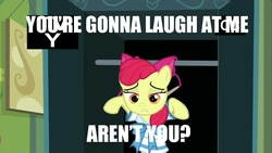 Size: 1280x720 | Tagged: safe, apple bloom, earth pony, pony, g4, one bad apple, season 3, clothes, cute, female, frown, funny, gritted teeth, looking at you, sailor uniform, solo, stuck, tv rating