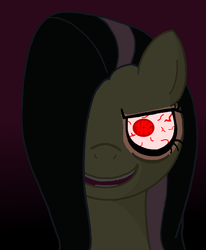 Size: 497x603 | Tagged: safe, artist:monopodmonarch, fluttershy, g4, creepy, creepy smile, emoshy, female, gradient background, hair over one eye, insanity, mare, smiling, yandere