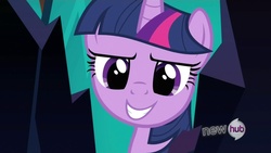 Size: 1280x720 | Tagged: safe, edit, edited screencap, screencap, twilight sparkle, pony, g4, the crystal empire, female, hub logo, inverted mouth, smiling, solo
