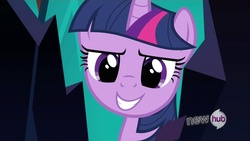 Size: 1280x720 | Tagged: safe, edit, edited screencap, screencap, twilight sparkle, pony, g4, my little pony: friendship is magic, the crystal empire, female, hub logo, inverted mouth, smiling, solo