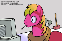 Size: 500x333 | Tagged: safe, artist:ragingsemi, big macintosh, earth pony, pony, g4, 30 minute art challenge, computer, hammer, male, reaction image, stallion, surprised