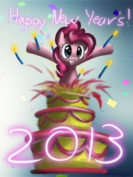 Size: 1800x2400 | Tagged: safe, artist:psychoanalytic, pinkie pie, g4, 2013, cake, happy new year, new year, popping out of a cake, surprise cake