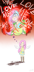 Size: 700x1500 | Tagged: safe, artist:dotoriii, fluttershy, human, g4, angry, chibi, clothes, dress, empty eyes, female, humanized, imagination, long hair, love me, memory, open mouth, question mark, sad, skirt, solo, winged humanization, wings, yandere, you're going to love me