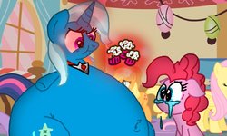 Size: 1280x768 | Tagged: safe, artist:kylestudios, fluttershy, pinkie pie, trixie, twilight sparkle, g4, magic duel, belly, belly button, crying, fat, no mouth, no nose, obese, the great and bountiful trixie