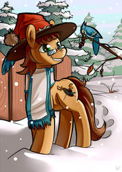 Size: 706x1000 | Tagged: safe, artist:lexx2dot0, bird, earth pony, pony, clothes, crossover, d'artagnan, glasses, hat, ponified, scarf, scenery, snow, solo, the three musketeers